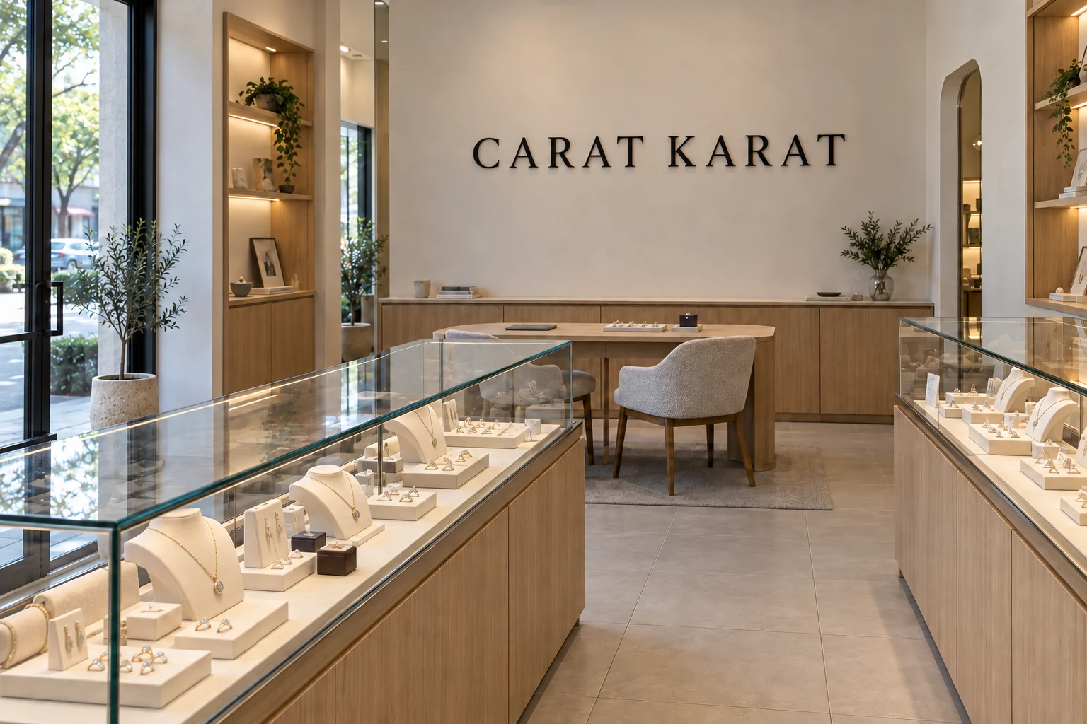 A light-filled jewelry showroom with warm wood displays, glass cases and a personal consultation table